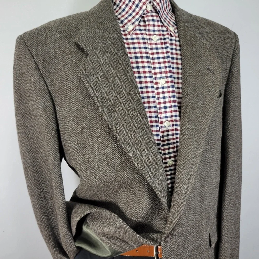 Bill Robinson Mens Tweed Sport Coat Blazer Two Button Brown herringbone Wool 44L